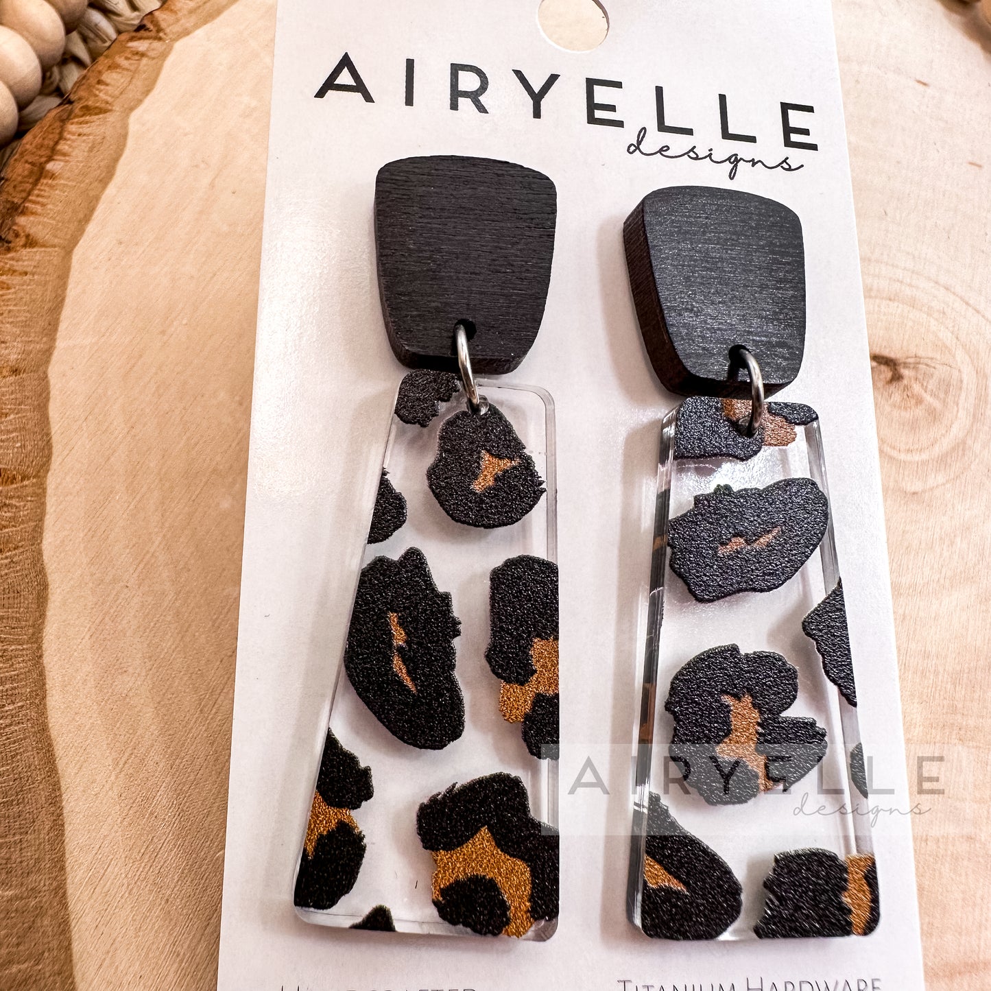 Leopard Acrylic + Black Wood Trapezoid Bar Earrings