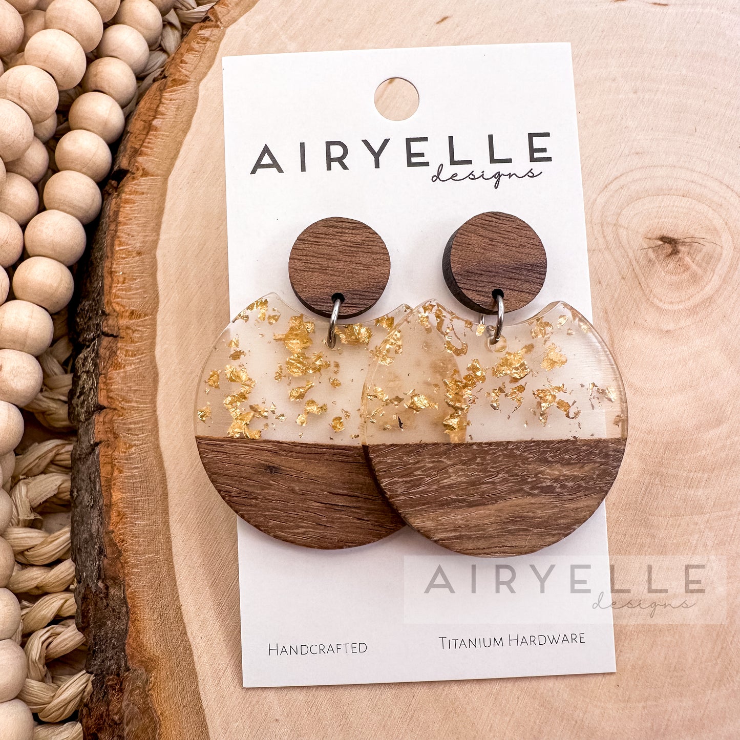 Round Eclipse Gold Flake Acrylic Resin + Wood Earrings