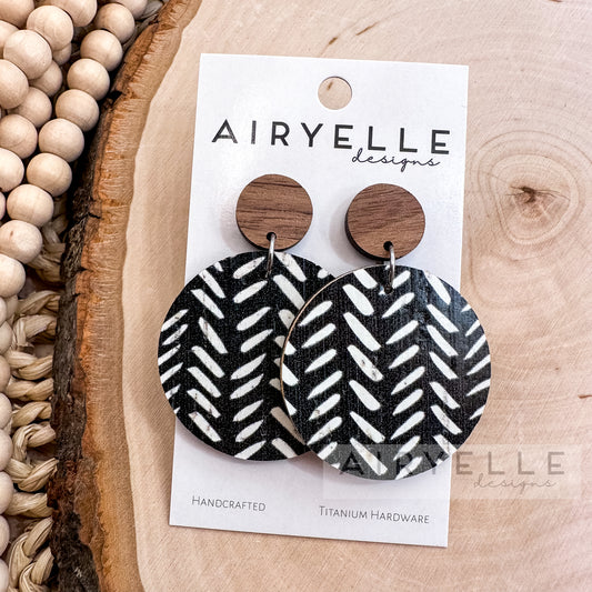 Abstract Boho Lines Cork + Leather Wood Round Earrings