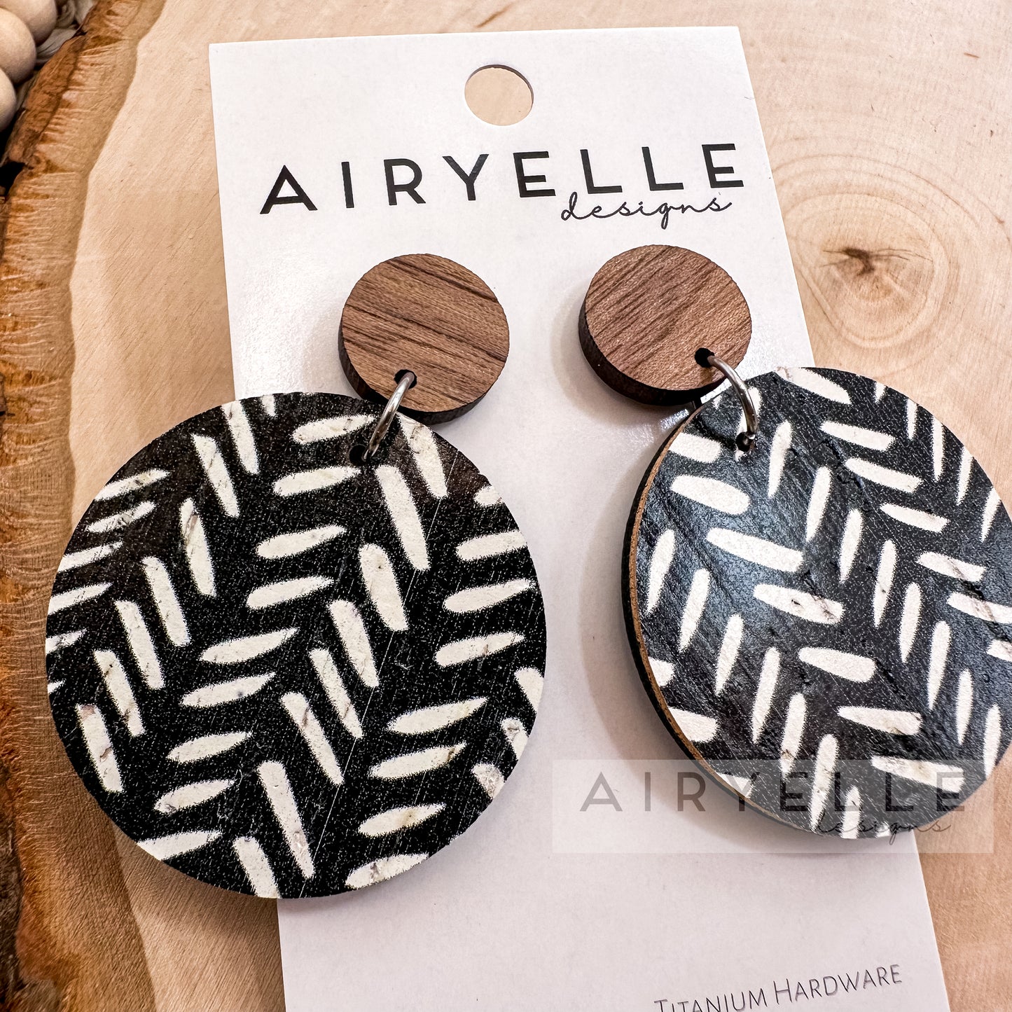 Abstract Boho Lines Cork + Leather Wood Round Earrings