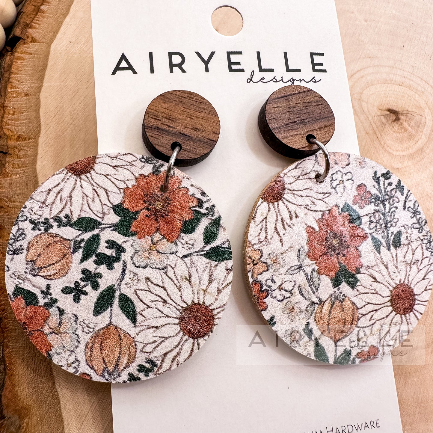 Boho Floral Dreams Cork + Leather Wood Round Earrings