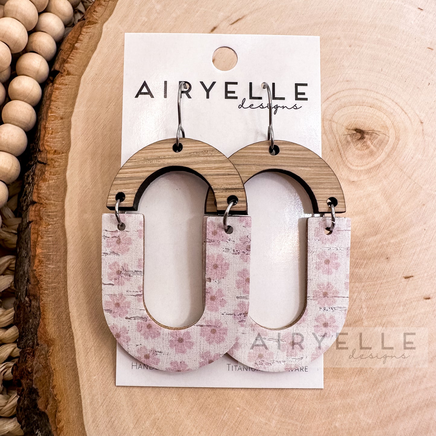 Simple Pastel Floral Cork + Leather Wood Arch Hoop Earrings