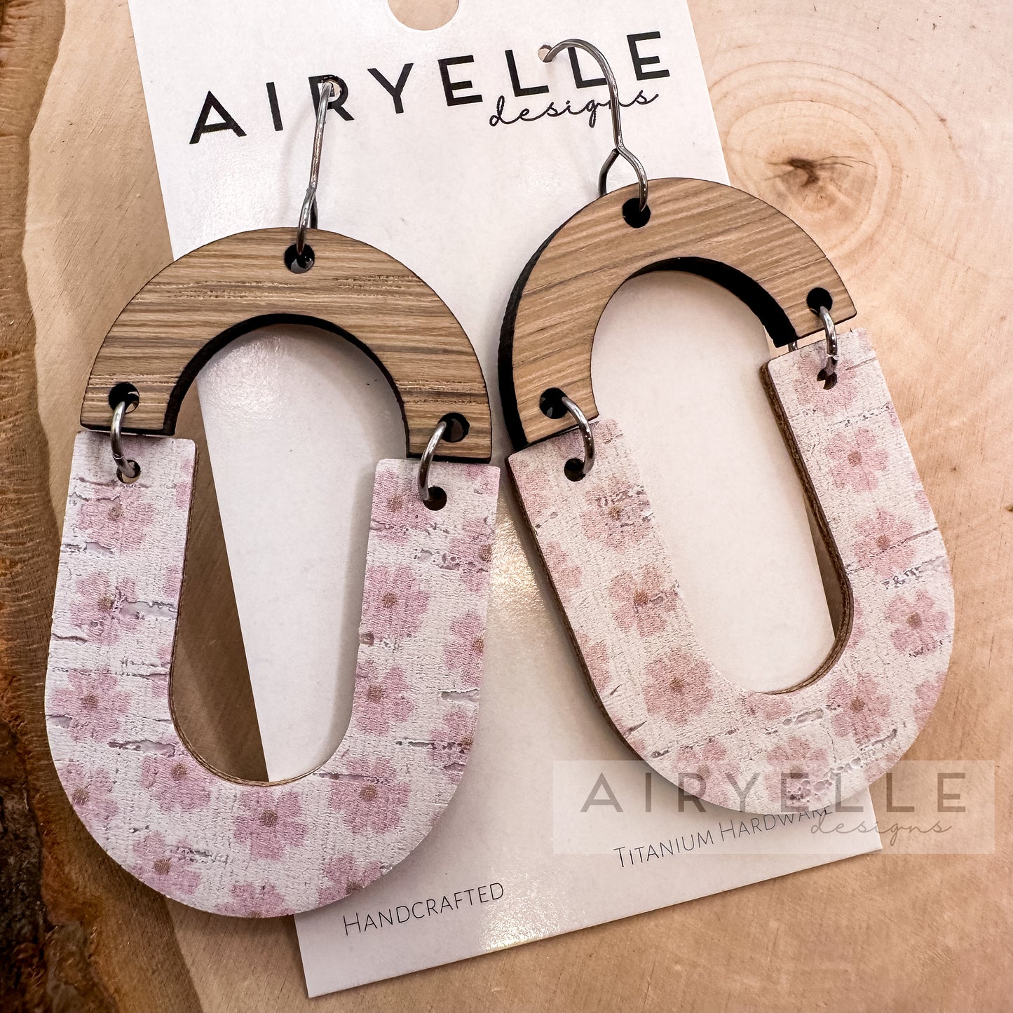 Simple Pastel Floral Cork + Leather Wood Arch Hoop Earrings