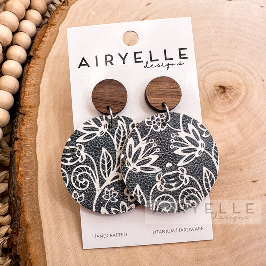 Cornflower Vines Cork + Leather Wood Round Earrings