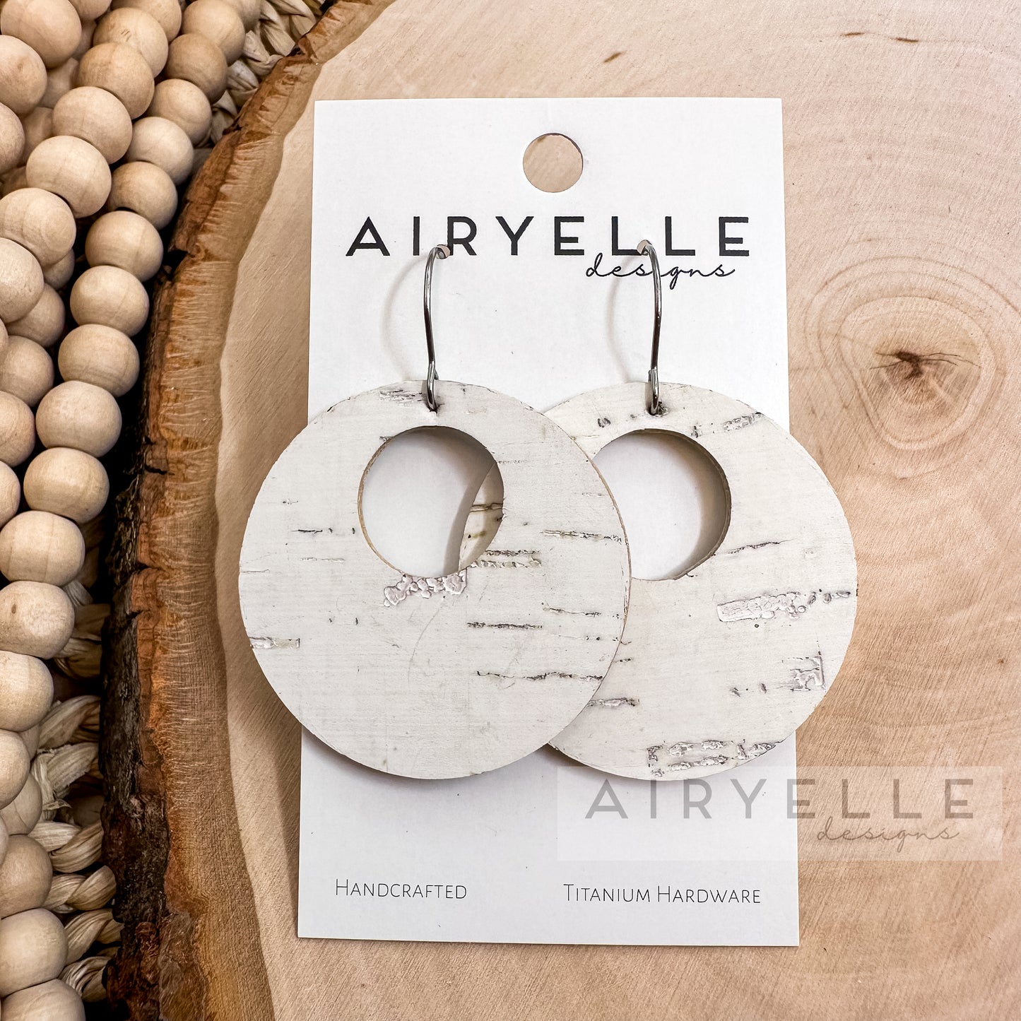 Simple White Birch Cork + Leather Hoop Earrings