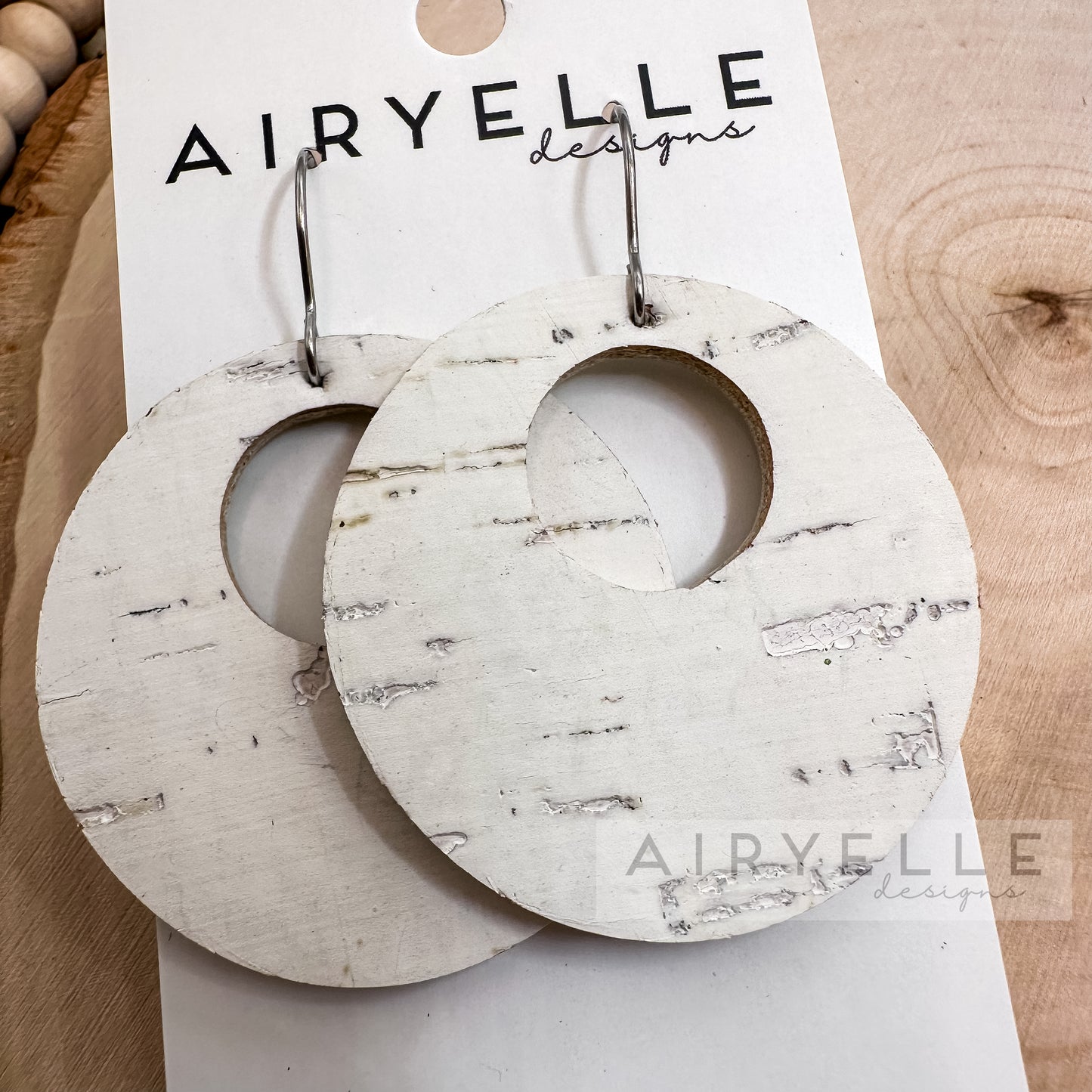 Simple White Birch Cork + Leather Hoop Earrings