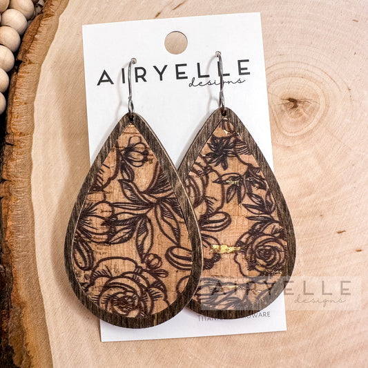 Rose Outline + Gold Flakes Cork Inlay Wood Teardrop Earrings