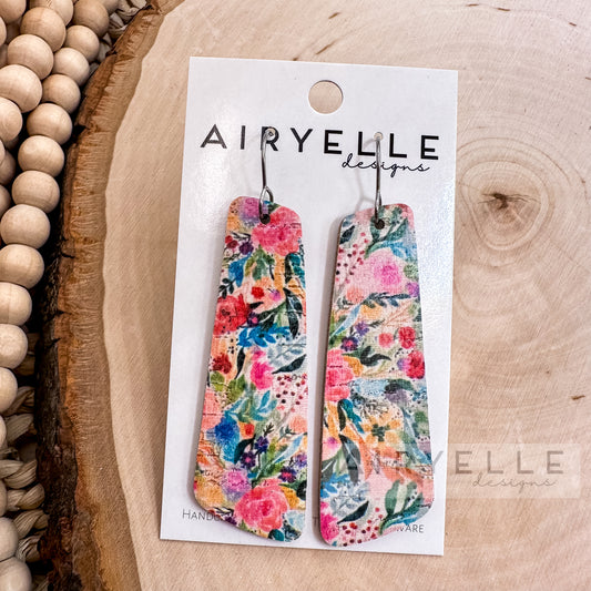 Bright Floral Cork + Leather Angled Bar Earrings