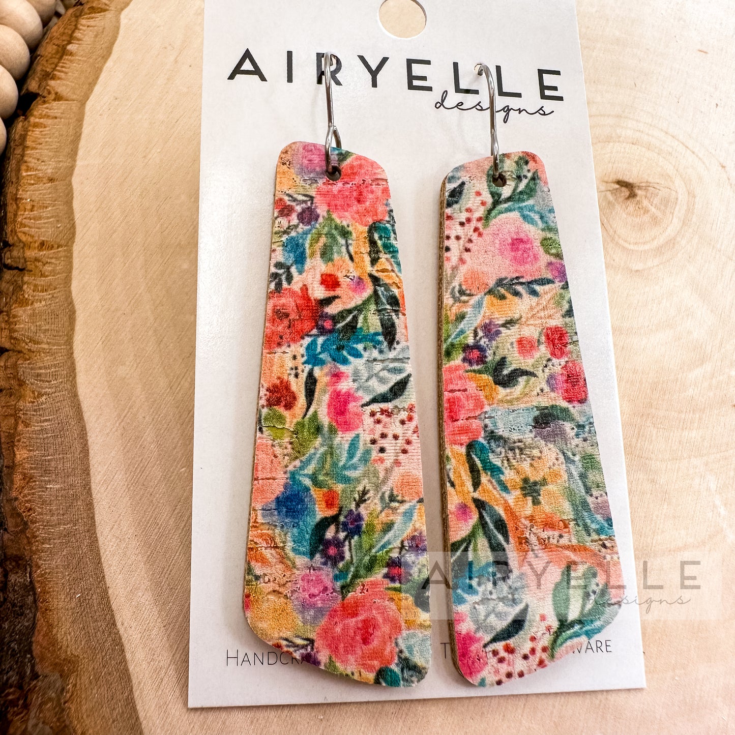 Bright Floral Cork + Leather Angled Bar Earrings