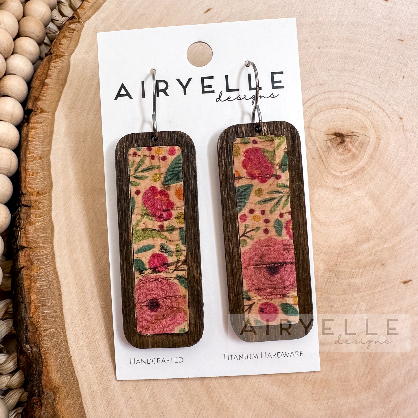 Spring Floral Cork Inlay Wood Bar Earrings