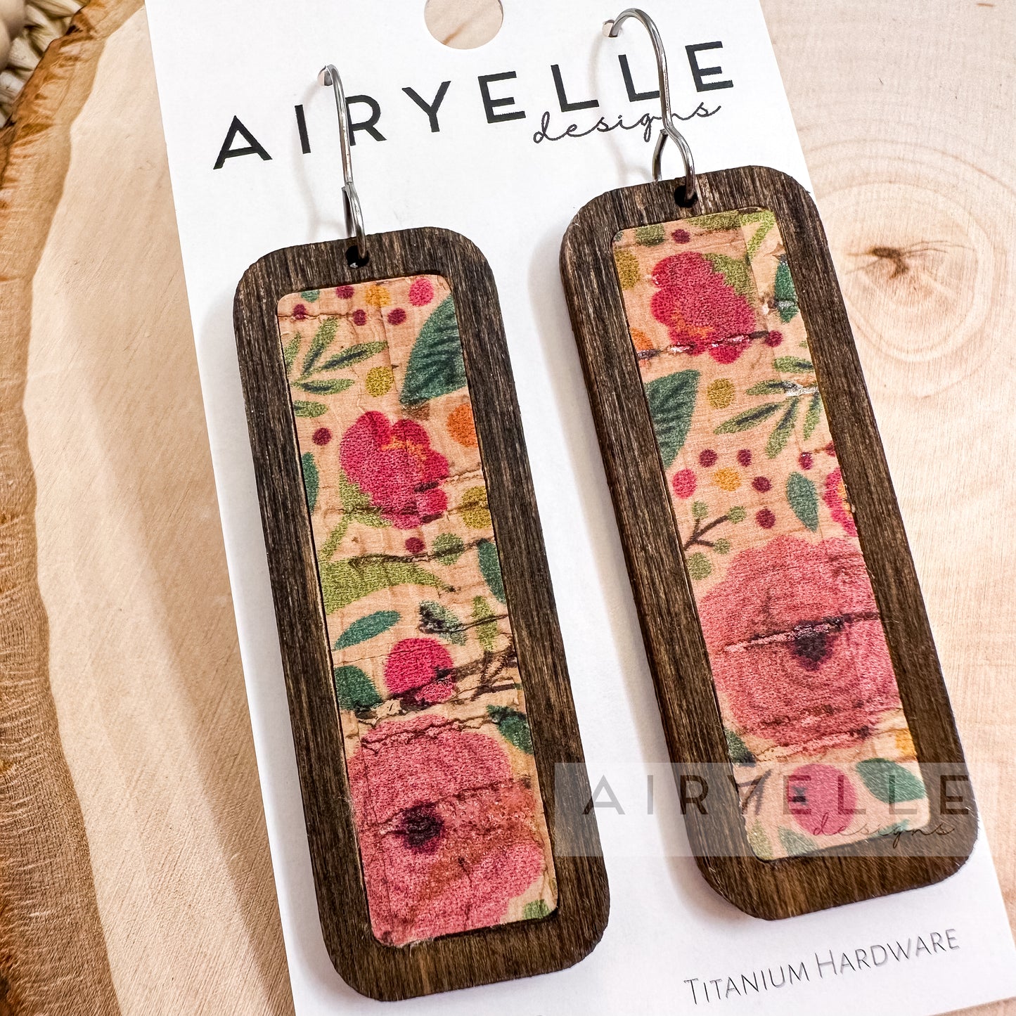 Spring Floral Cork Inlay Wood Bar Earrings