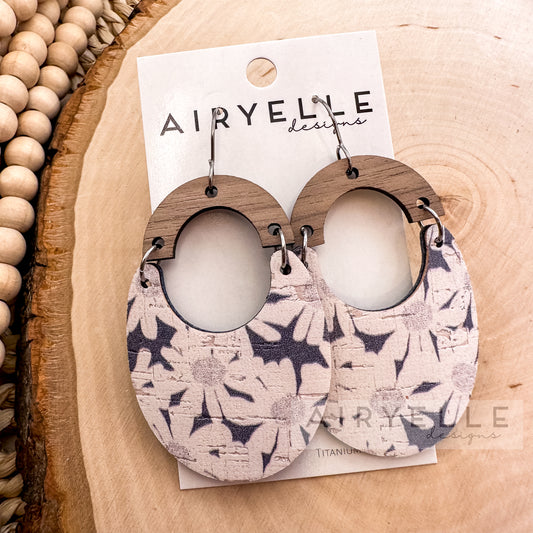 Navy with White Daisies Wood Arch Cork + Leather Scoop Earrings