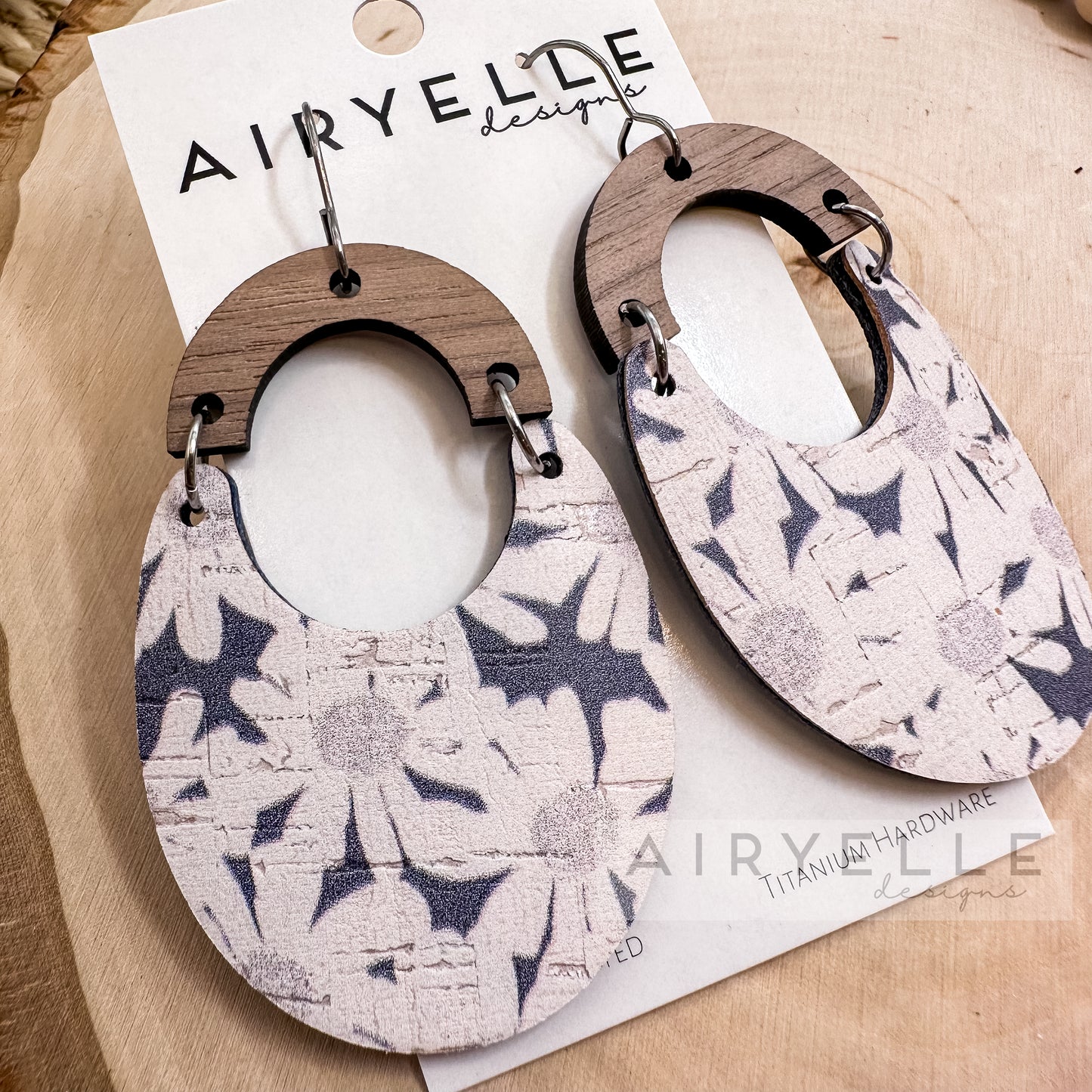 Navy with White Daisies Wood Arch Cork + Leather Scoop Earrings