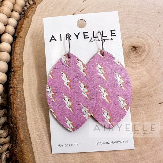 Pink Lightning Bolt Cork + Leather Petal Earrings