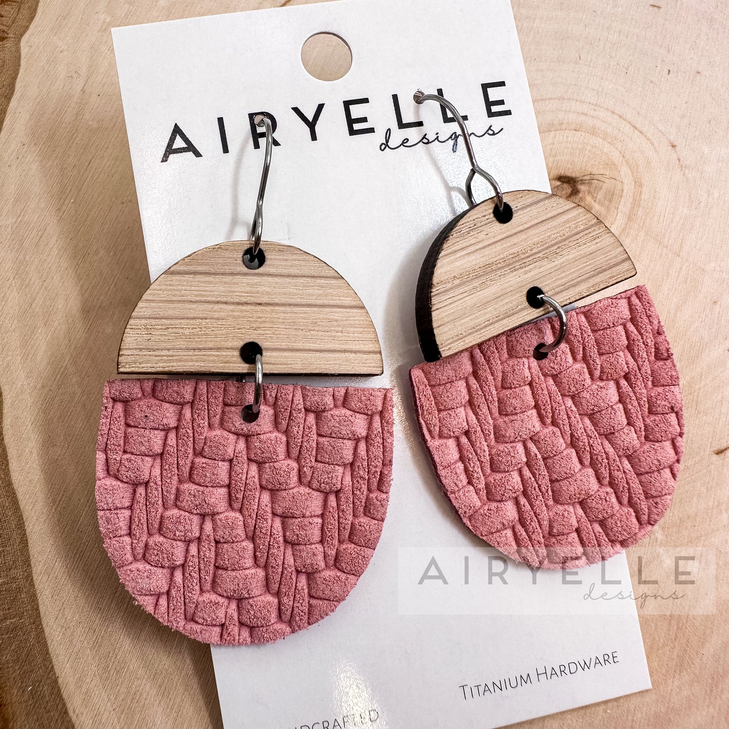 Pretty Pink Embossed Sweater Leather + Wood Scoop Earrings