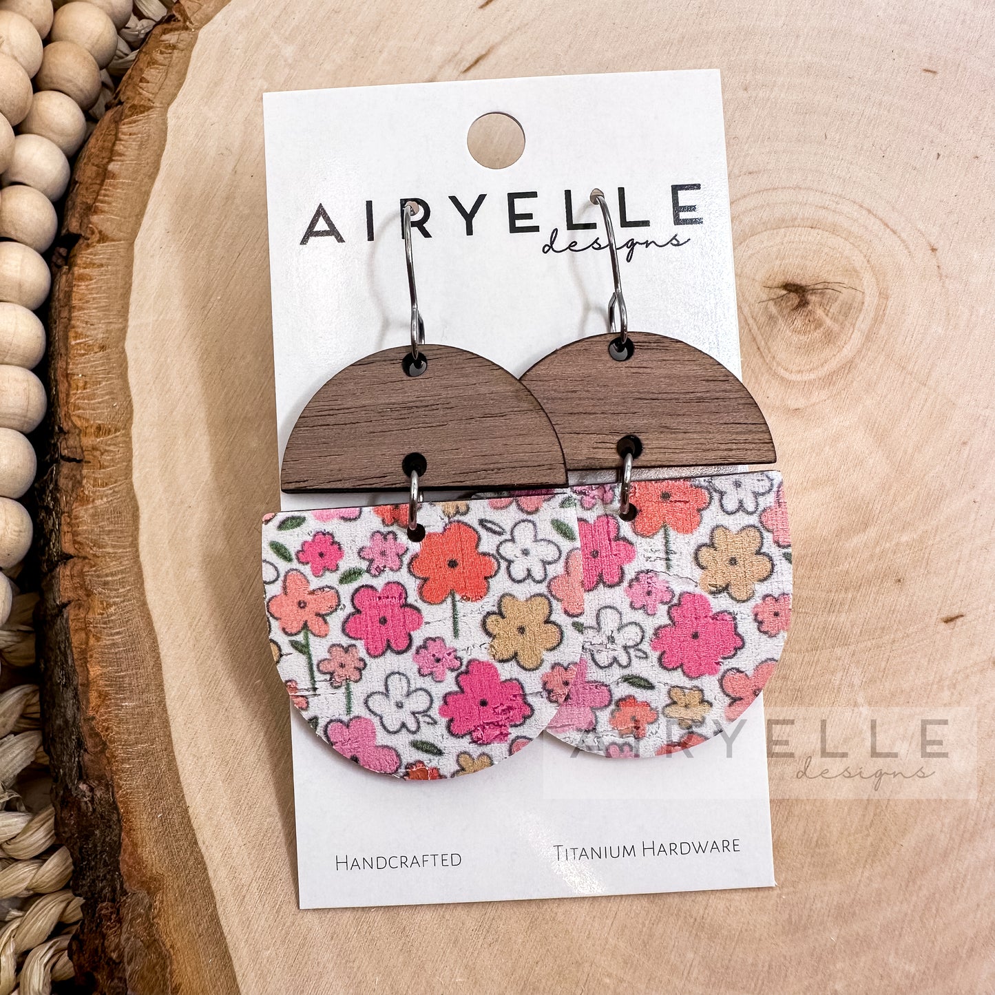 Childhood Flowers Cork Leather + Wood Scoop Earrings