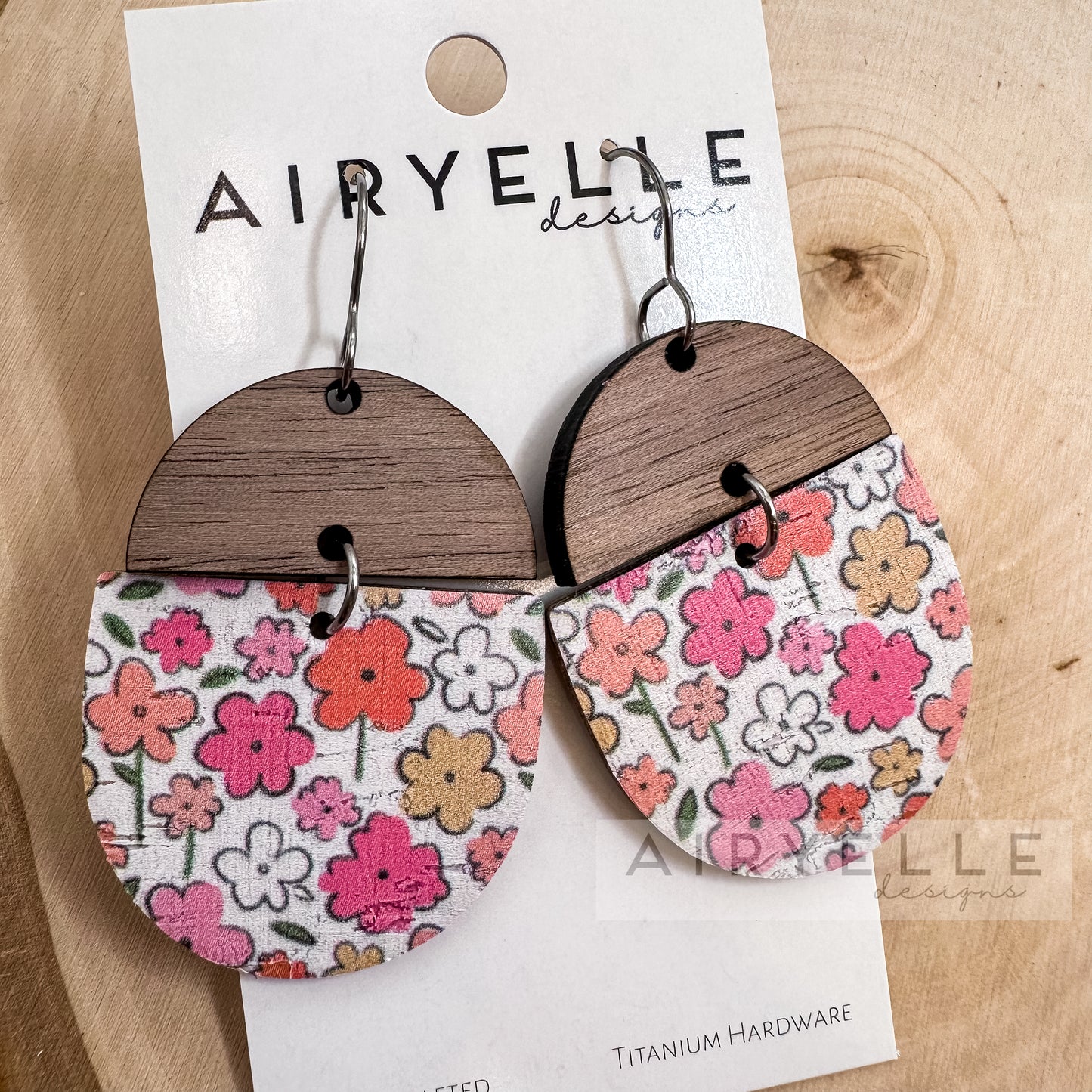 Childhood Flowers Cork Leather + Wood Scoop Earrings