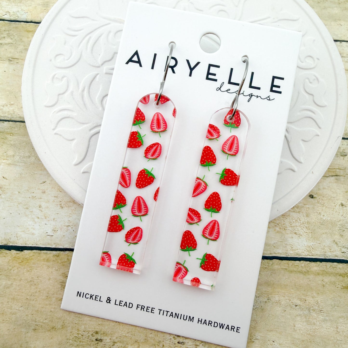 Strawberry Arch Bar Clear Acrylic Earrings - Titanium for Sensitive Ears