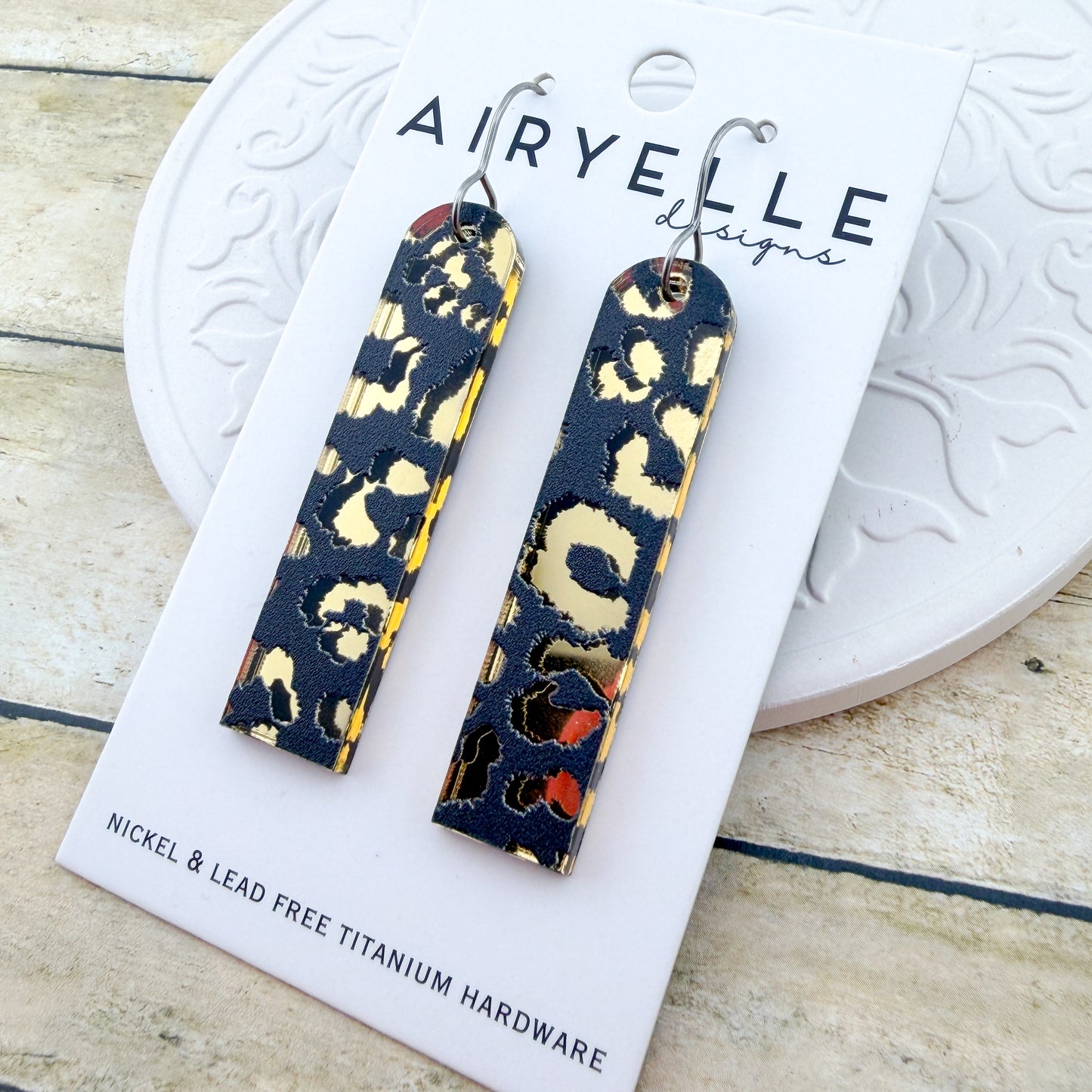 Gold & Black Leopard Arch Bar Acrylic Earrings - Titanium for Sensitive Ears