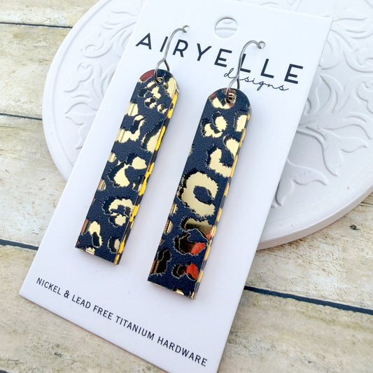 Gold & Black Leopard Arch Bar Acrylic Earrings - Titanium for Sensitive Ears