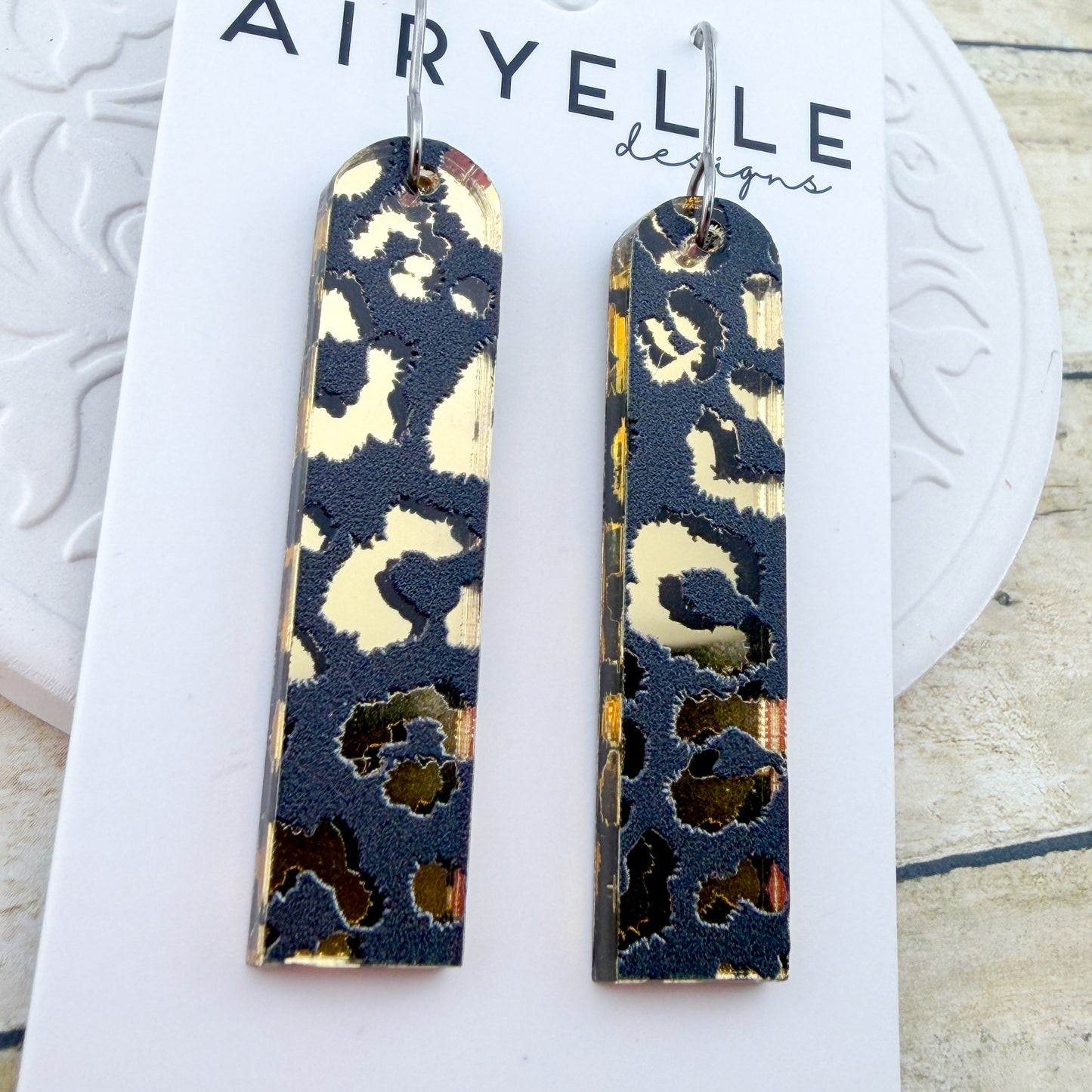 Gold & Black Leopard Arch Bar Acrylic Earrings - Titanium for Sensitive Ears