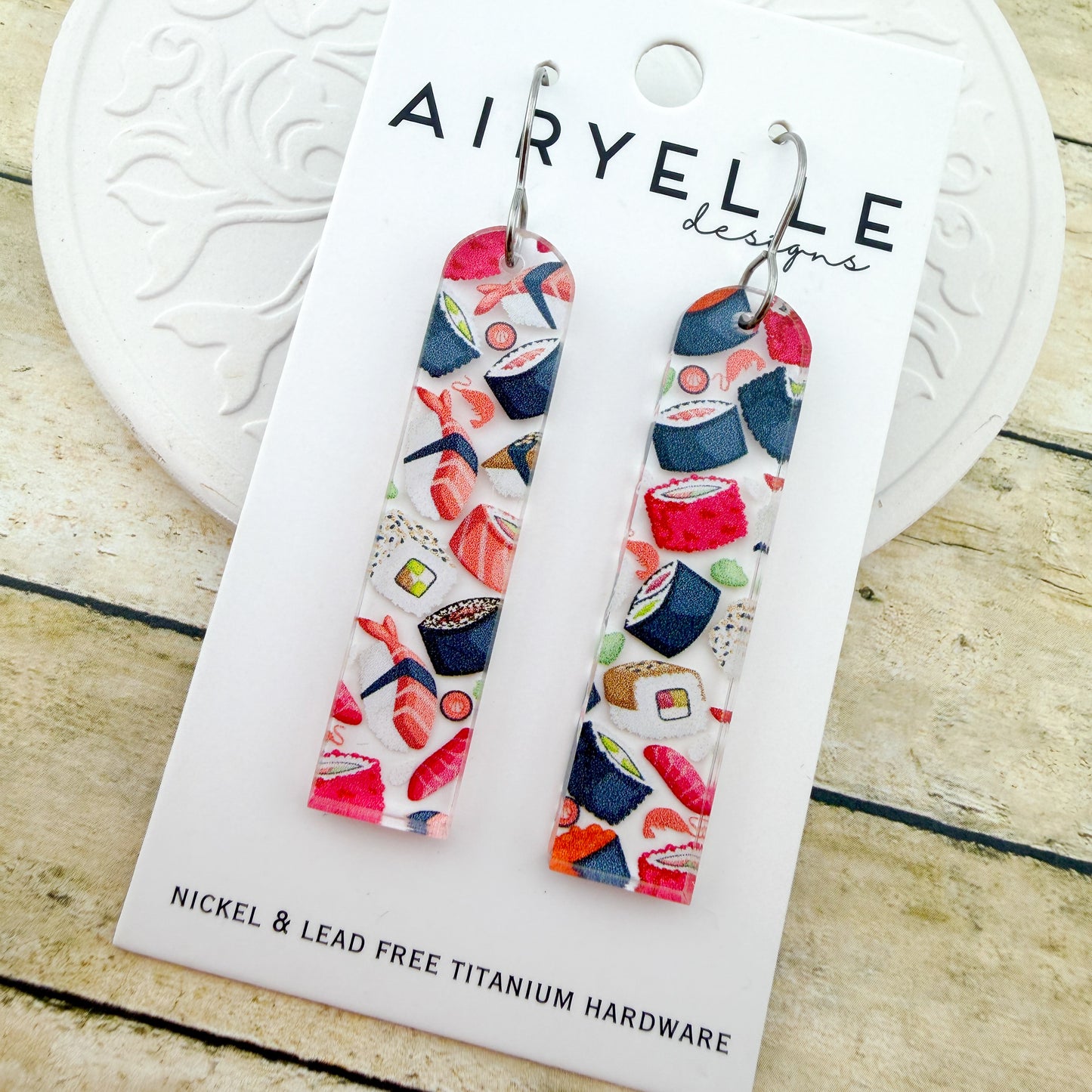 Sushi Party Arch Bar Acrylic Earrings - Titanium for Sensitive Ears