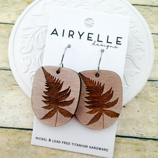 Fossil Fern Wooden Earrings - Titanium for Sensitive Ears