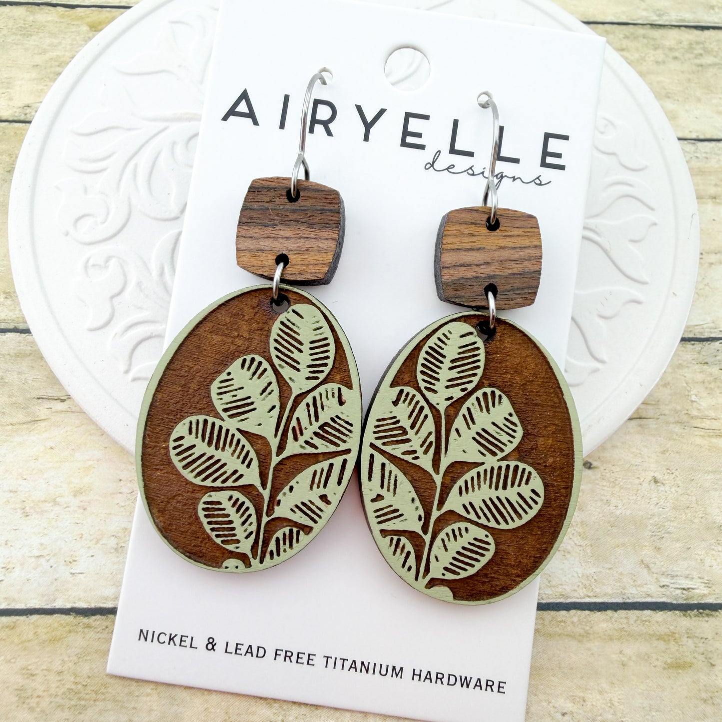 Vintage Eucalyptus Hand Painted Wood Earrings - Titanium for Sensitive Ears