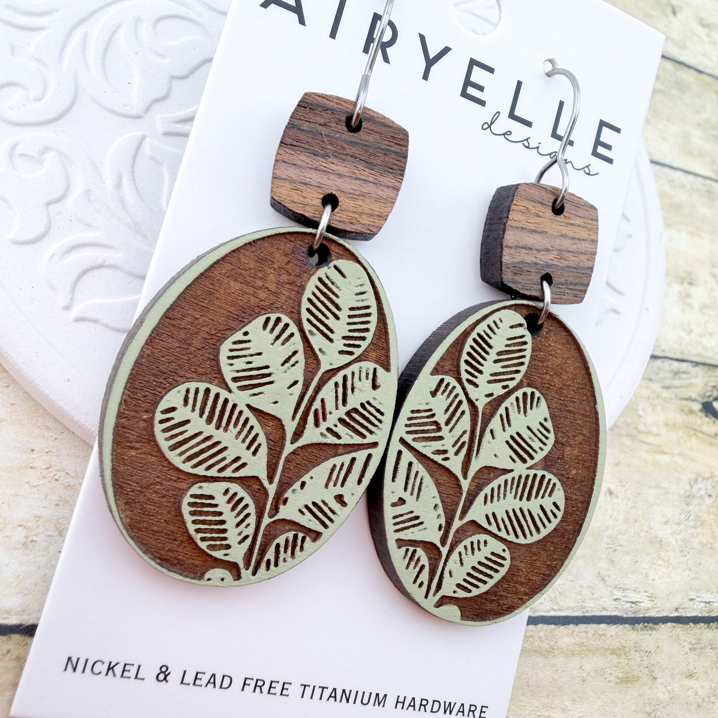 Vintage Eucalyptus Hand Painted Wood Earrings - Titanium for Sensitive Ears