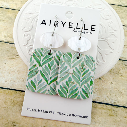 Rain Kissed Leaves Square Pearl Cork + Leather Earrings - Titanium for Sensitive Ears