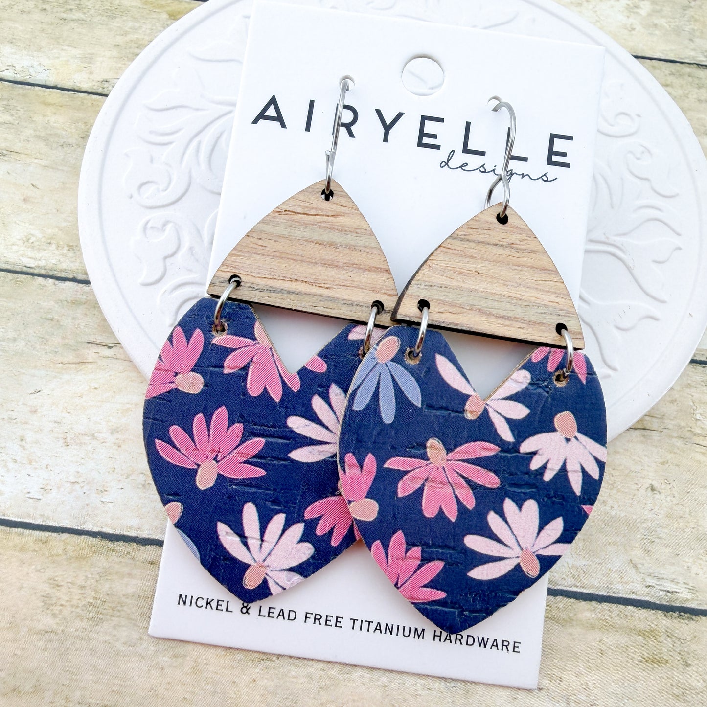 June Blooms Triangle Cork + Leather Earrings - Titanium for Sensitive Ears