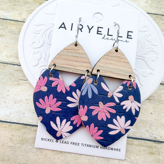 June Blooms Triangle Cork + Leather Earrings - Titanium for Sensitive Ears