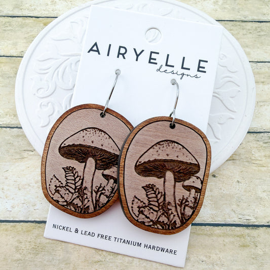 Canopy Mushroom Wooden Earrings - Titanium for Sensitive Ears