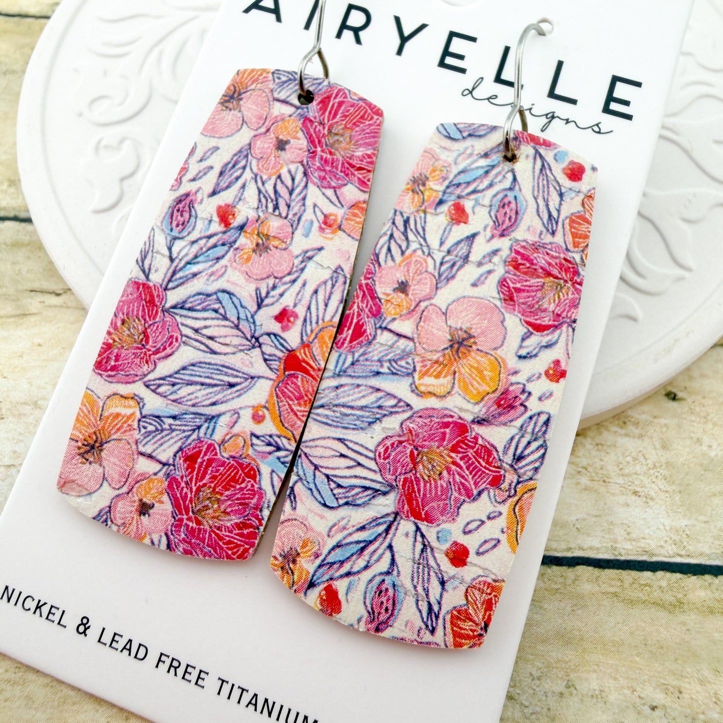 Petal Sketch Cork + Leather Boxy Bar Earrings - Titanium for Sensitive Ears