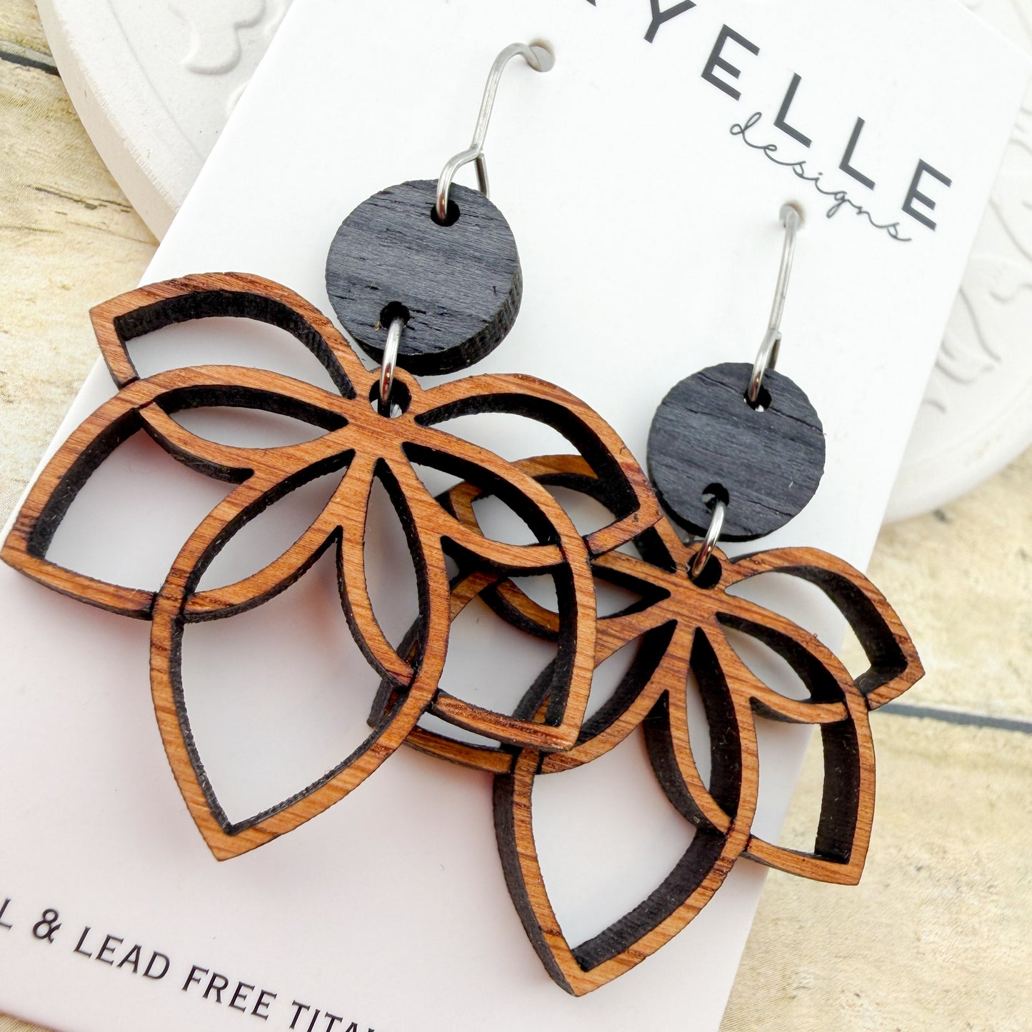 Lotus Flower Cut Out Wood Earrings - Titanium for Sensitive Ears