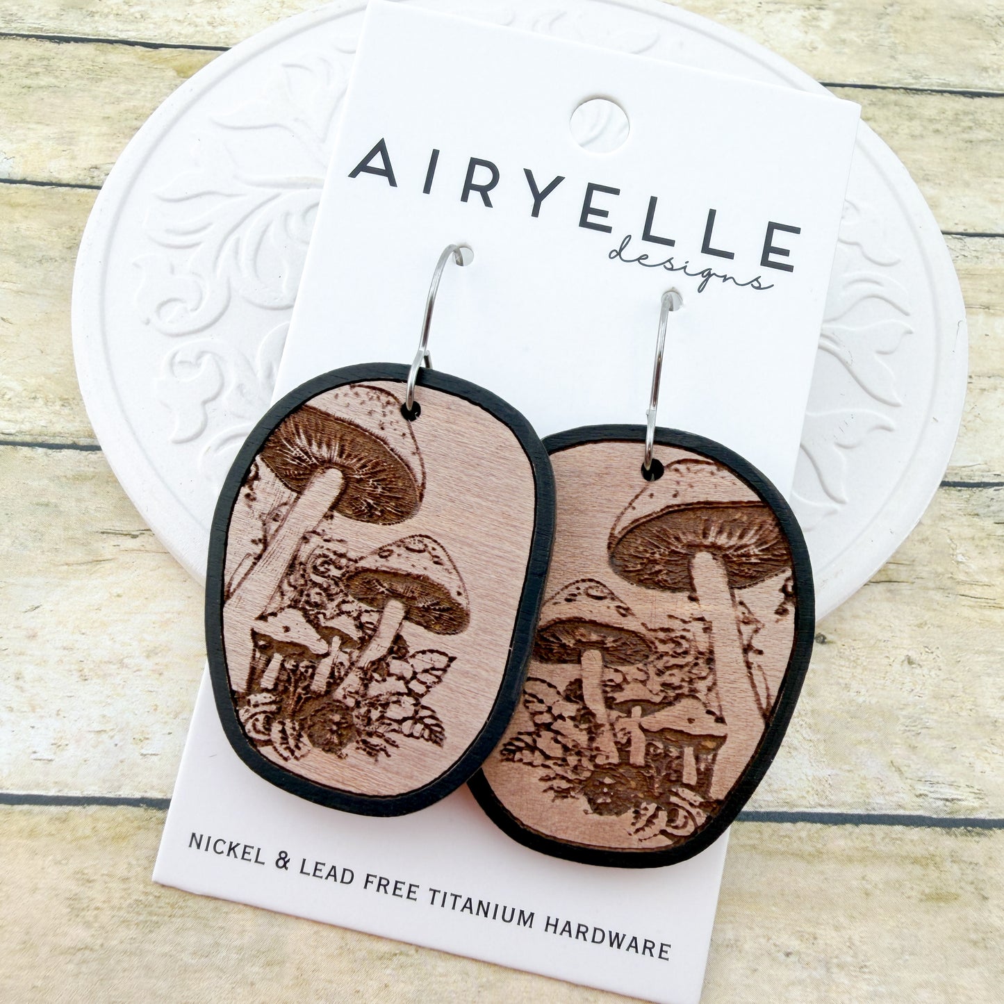 Nightcap Mushroom Wooden Earrings - Titanium for Sensitive Ears