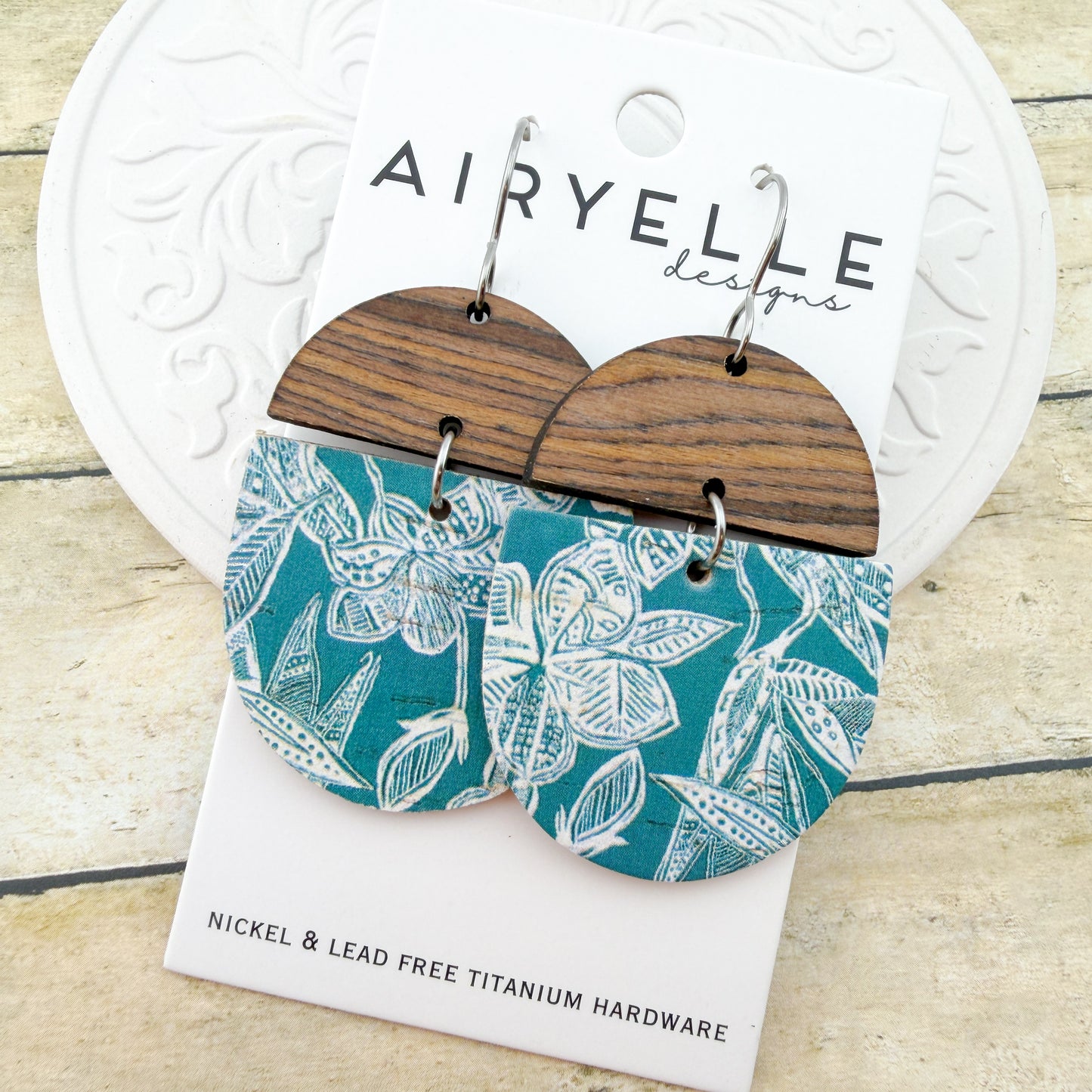 Island Petals Teal Cork + Leather Scoop Earrings - Titanium for Sensitive Ears