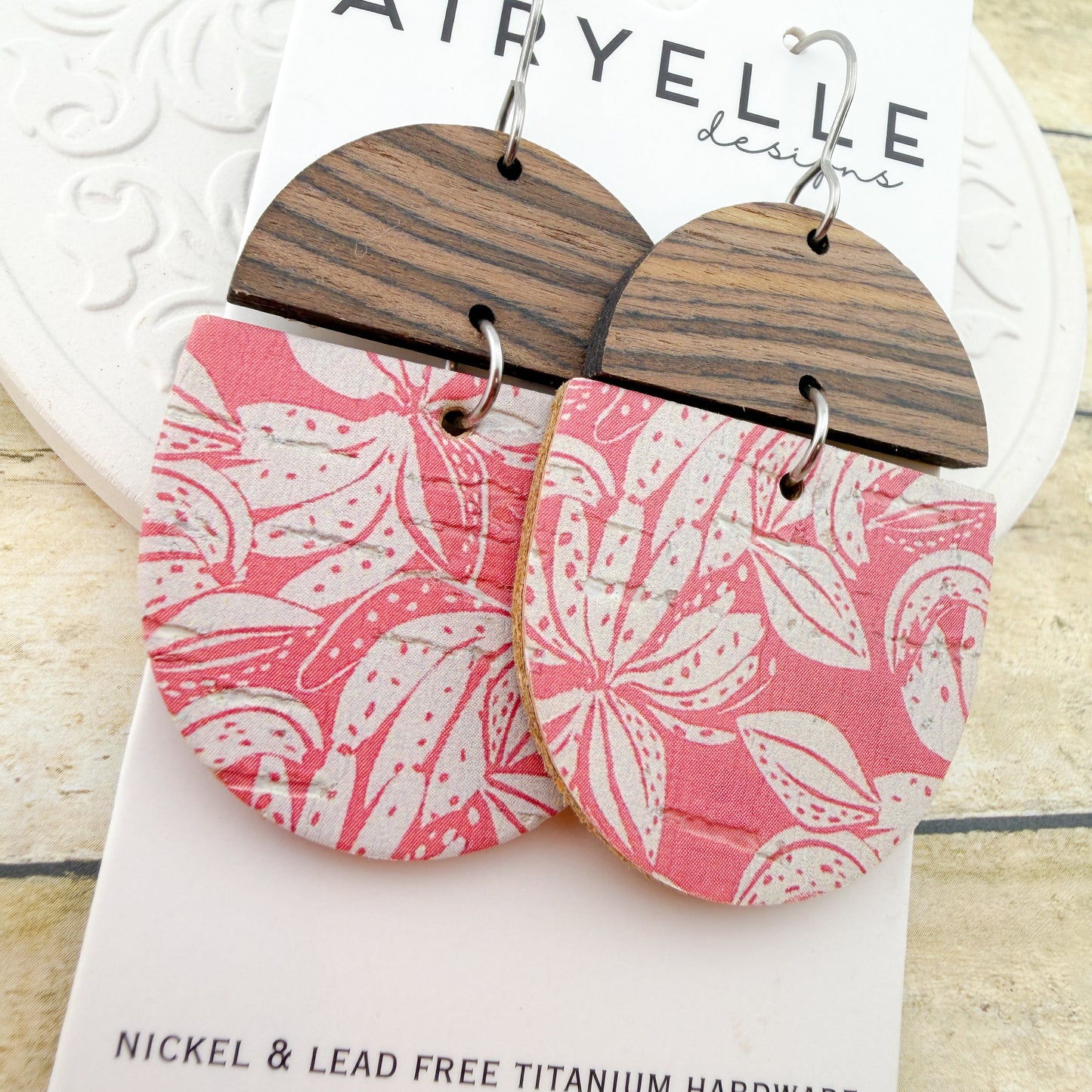 Island Petals Pink Cork + Leather Scoop Earrings - Titanium for Sensitive Ears