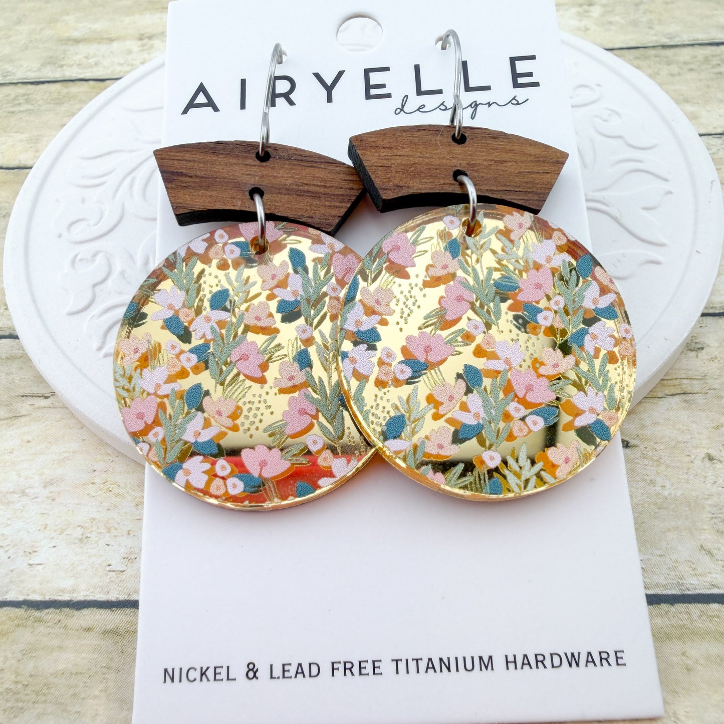 Gilded Garden Acrylic + Wood Round Earrings - Titanium for Sensitive Ears