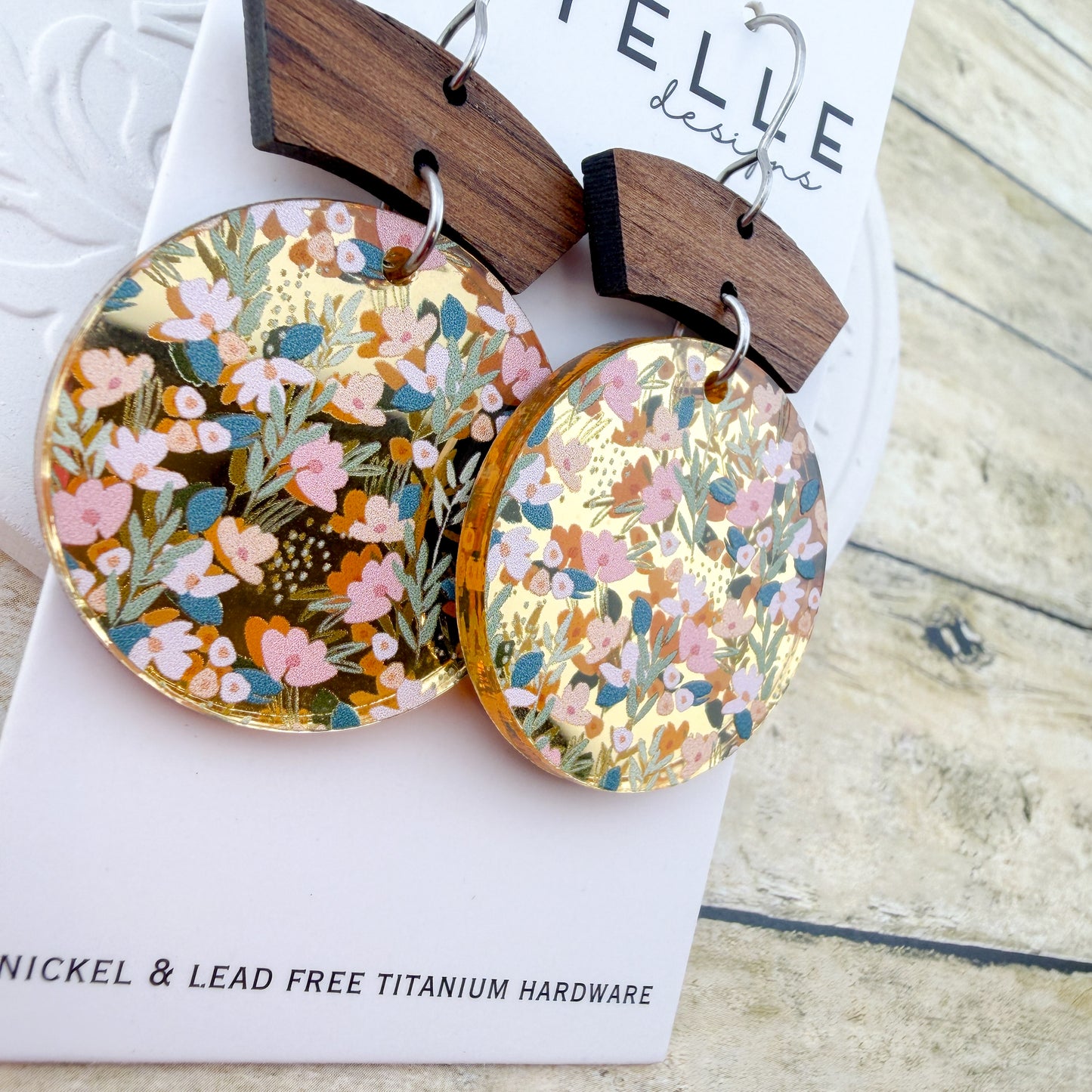 Gilded Garden Acrylic + Wood Round Earrings - Titanium for Sensitive Ears