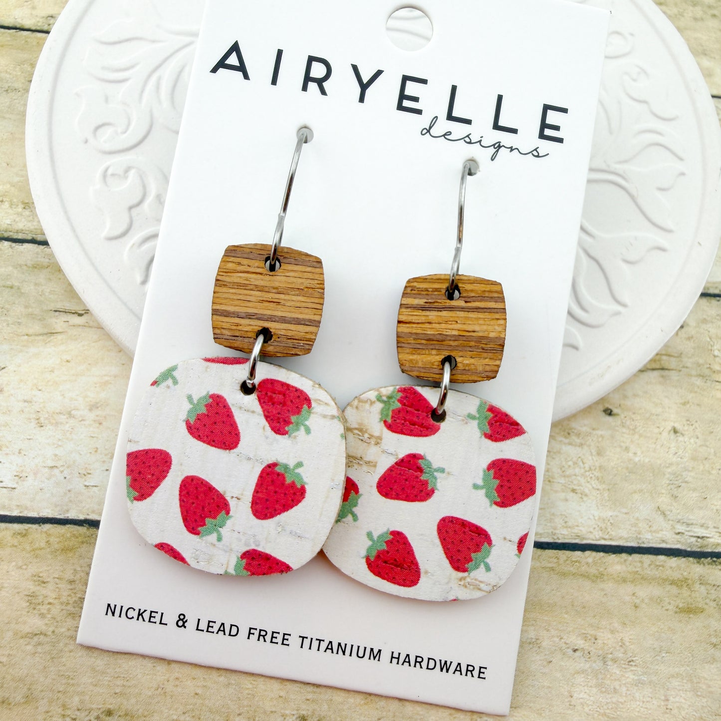 Strawberry Square Cork + Leather Earrings - Titanium for Sensitive Ears