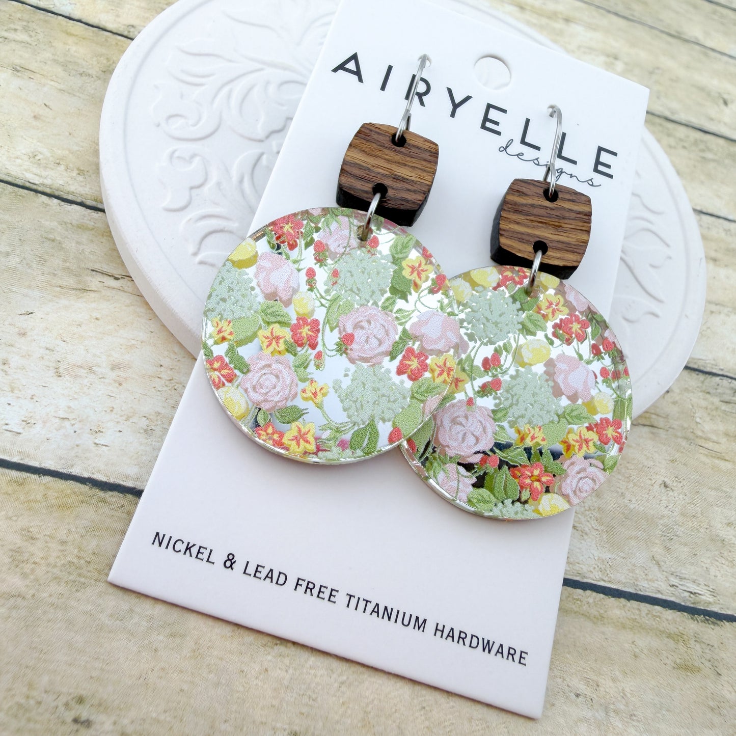 Spring Meadow Acrylic + Wood Round Earrings - Titanium for Sensitive Ears