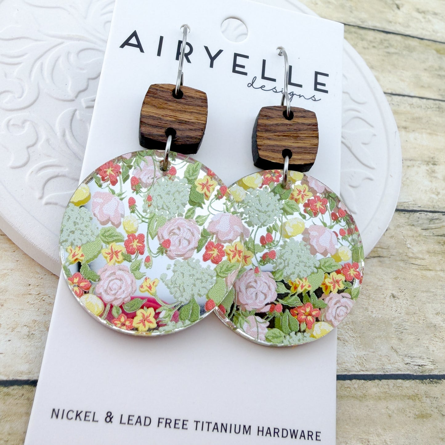 Spring Meadow Acrylic + Wood Round Earrings - Titanium for Sensitive Ears