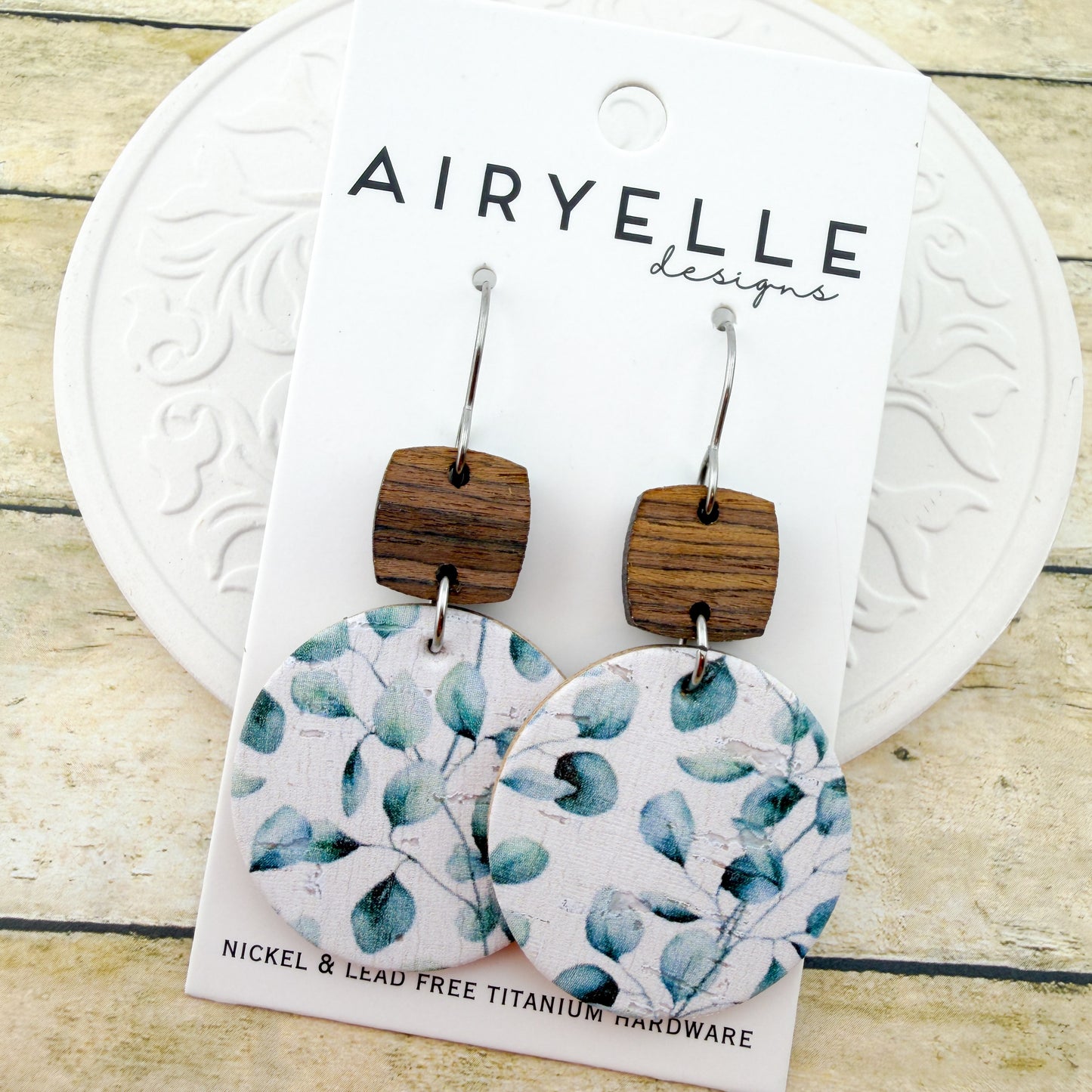Soft Sage Eucalyptus Cork + Leather Round Earrings - Titanium for Sensitive Ears