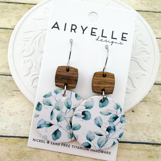 Soft Sage Eucalyptus Cork + Leather Round Earrings - Titanium for Sensitive Ears