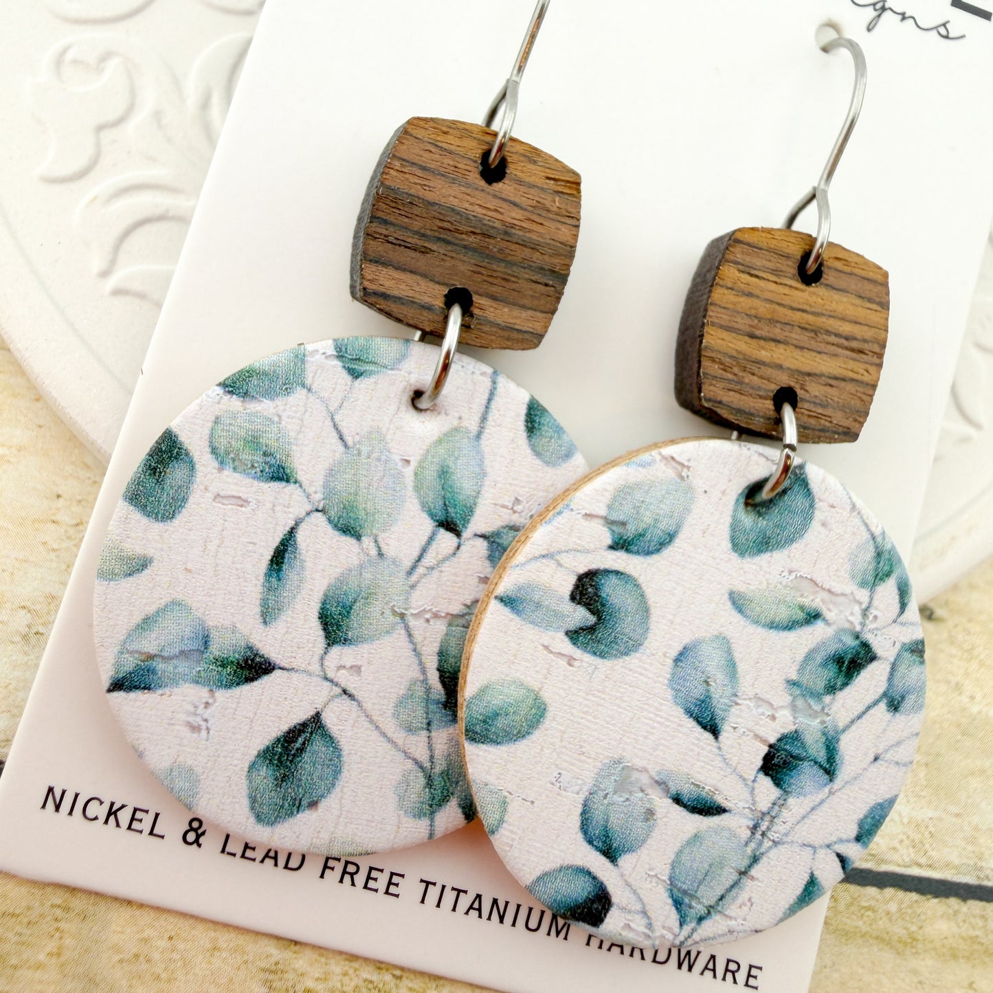 Soft Sage Eucalyptus Cork + Leather Round Earrings - Titanium for Sensitive Ears