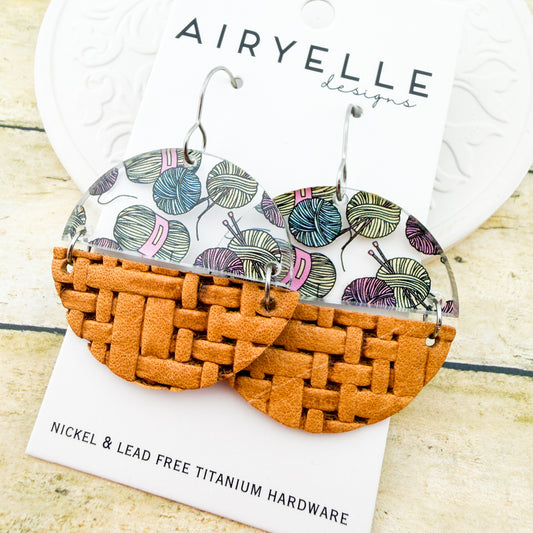 Yarn Basket Acrylic + Leather Earrings - Titanium for Sensitive Ears