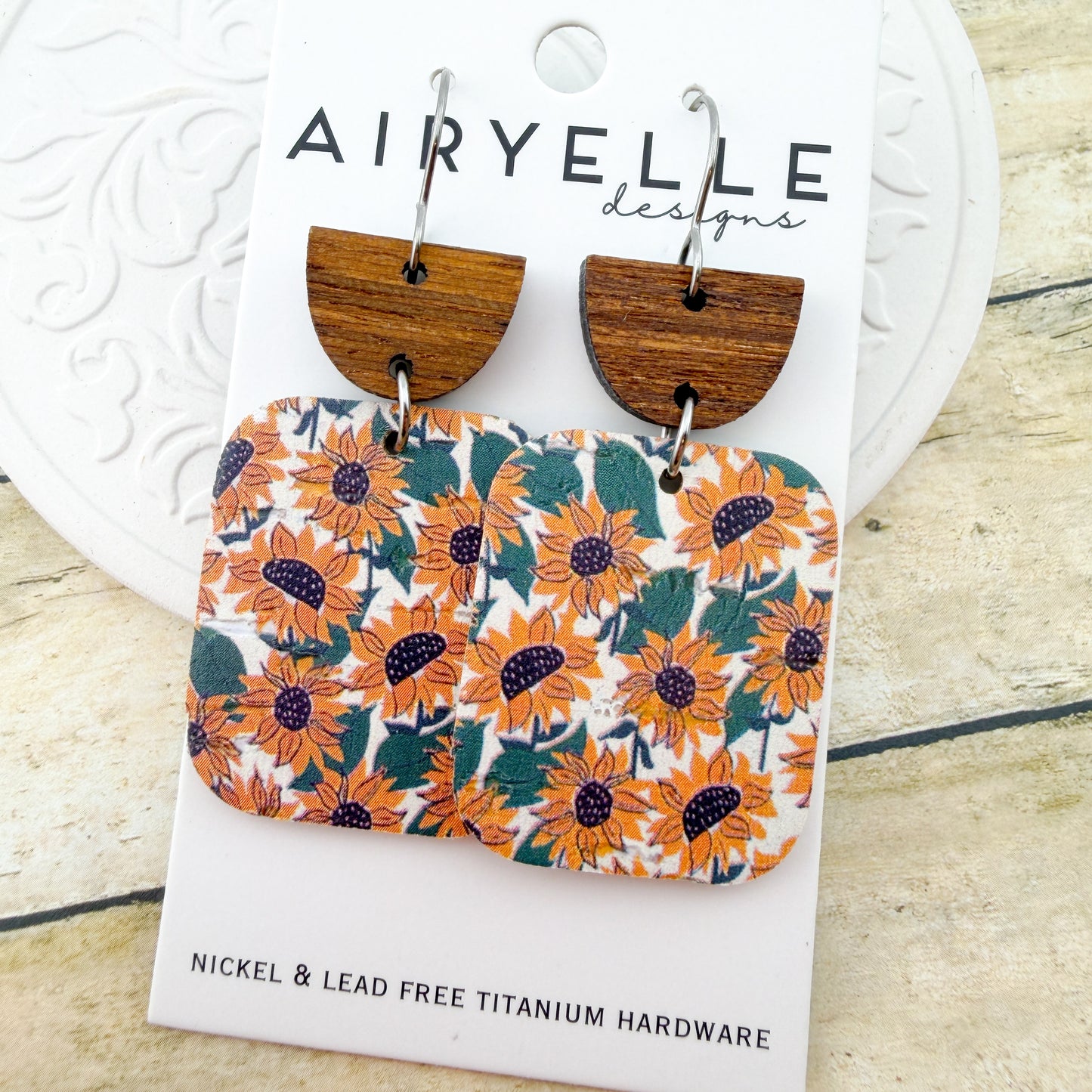 Sunflower Square Cork + Leather Earrings - Titanium for Sensitive Ears