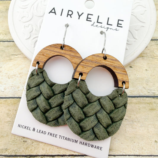 Olive Box Braid Leather Scoop Earrings - Titanium for Sensitive Ears