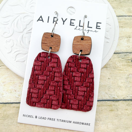 Maroon Embossed Sweater Leather Earrings - Titanium for Sensitive Ears